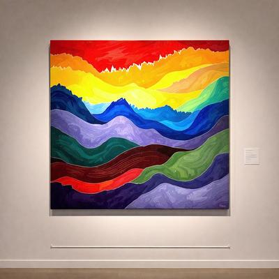 The primary subject of the image is a large painting of a mountain landscape. The painting features a vibrant color palette, with a mix of red, blue, green, and yellow hues. The setting is a white wall, which serves as the background for the painting. The visual style of the painting is a combination of digital art and illustration, creating a dynamic and engaging scene. The overall atmosphere of the painting is lively and captivating, inviting the viewer to explore the mountain landscape further.